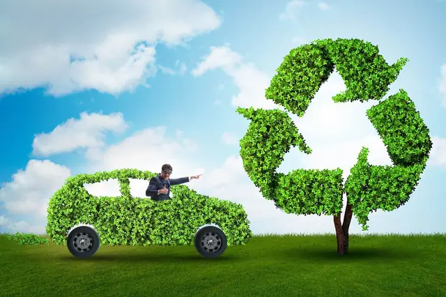 A car with a green leaf symbol on it.